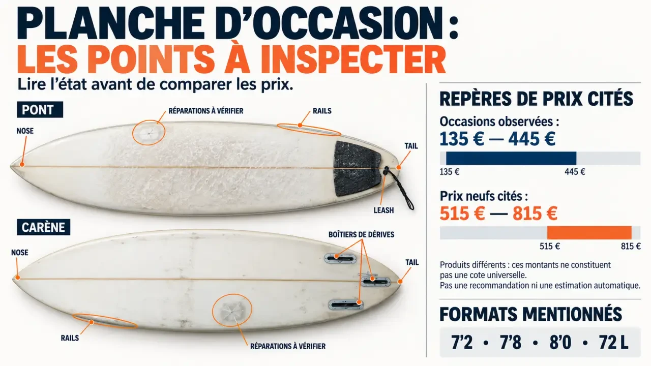 Infographie pour choisir une occasion planche de surf : prix, dimensions et points d’inspection
