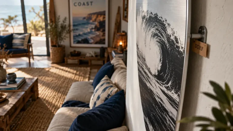Planche de surf deco en Dibond aluminium noir et blanc fixée au mur
