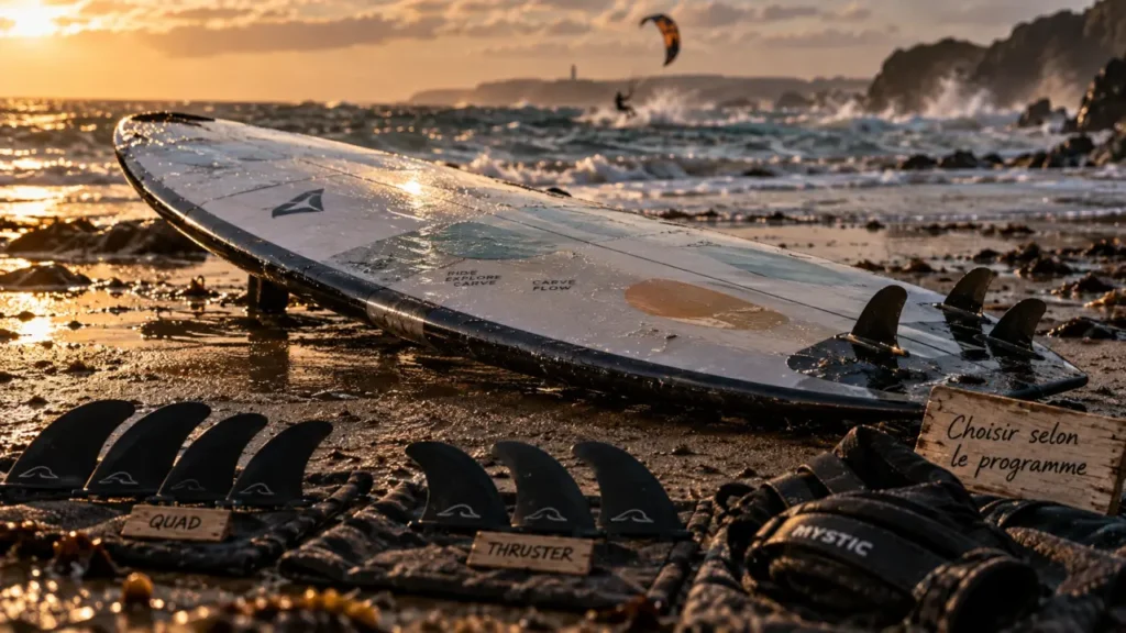 Planche de surf kite sur sable humide, choisir selon niveau, spot et programme