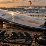 Planche de surf kite sur sable humide, choisir selon niveau, spot et programme