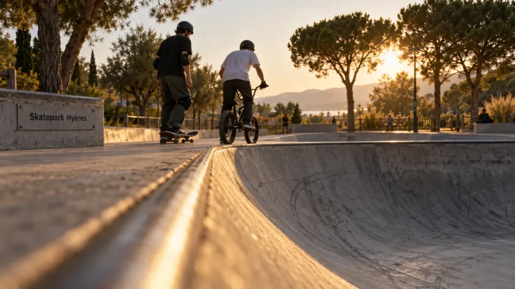 Skate park hyeres : bowl double profondeur et street rénové, riders au béton