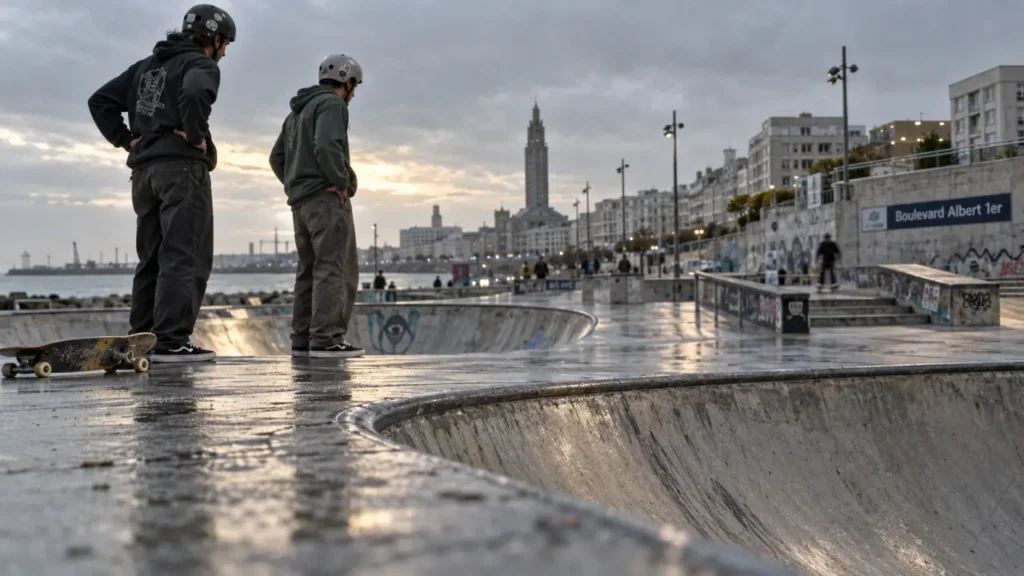 Skate park le havre : bowl avec riders face à la mer