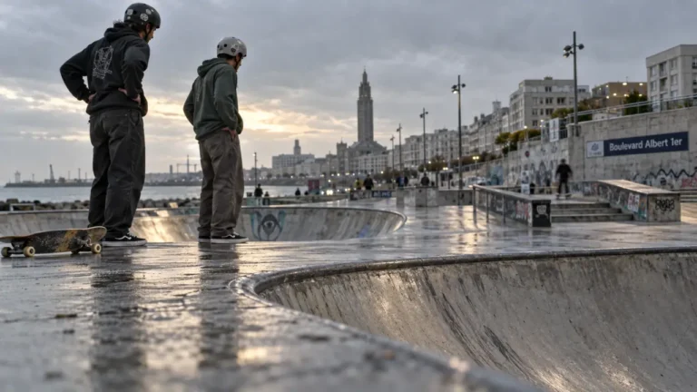 Skate park le havre : bowl avec riders face à la mer