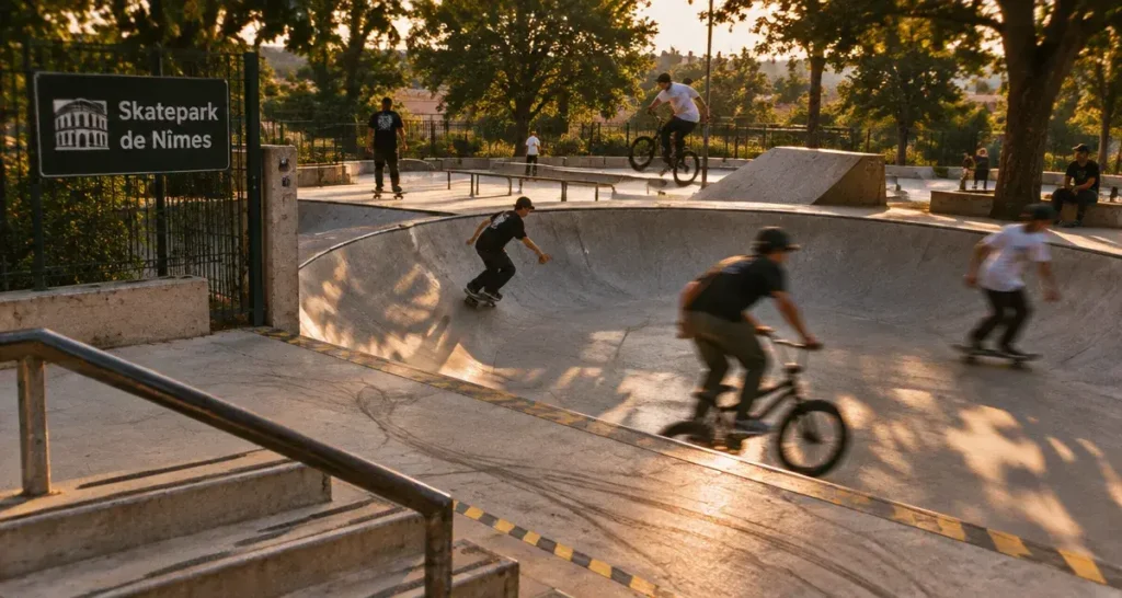 Skate park de Nîmes : riders skate et BMX dans le bowl en béton