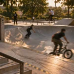 Skate park de Nîmes : riders skate et BMX dans le bowl en béton