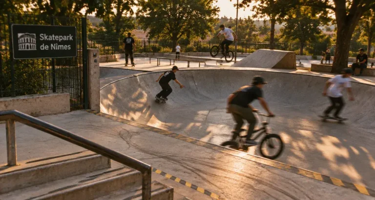 Skate park de Nîmes : riders skate et BMX dans le bowl en béton